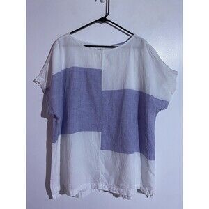 Pure Jill Top 2X White purple Linen Purple Chambray Color Block Beachy Coastal